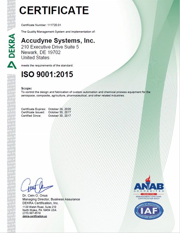 万博网页登录页面Accudyne Systems庆祝通过ISO9001:2015认证!